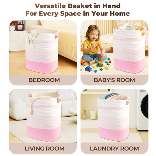 AINUOQI Laundry Basket with Handles - Blanket Basket & Hampers for Bedroom Aesthetic, Laundry Hamper & Blanket Storage for Living Room, Clothes Hamper, Tall, Large 17" x 14" x 22”, Pink & White - color: Pink & White, size: 85L