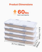 VEVOR Under Bed Storage with Wheels, 31.7 x 15.6 x 6.9 inch Underbed Containers, Underbed Shoes Organizer with Lid & Gray Latch, Rolling Under the Bed Storage Bins for Clothes Shoes Blankets, 4 Pack