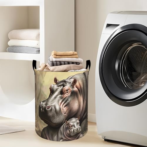 Gentle Hippos with Baby Together Laundry Basket with Handles, 19.7"x15.7" Clothes Foldable Laundry Hamper Organizer for Dorm Nursery Bedroom Bathroom Decor, Toy Storage Bin for Kids - style: Hippo47
