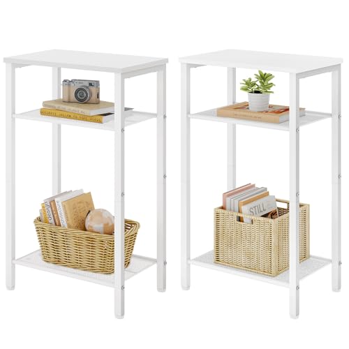 Hoctieon 2-Set 3 Tier End Table, Telephone Table Set of 2, Tall Side Table with Storage Set of 2, Small Nightstand for Small Spaces, Metal Frame, White - color: White, size: 2 Pack