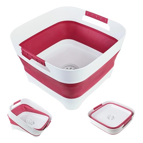 GIMWA 2.6 Gal(10L) Collapsible Camping Sink, Magenta Space-Saving Collapsible Dish Basin with Drain Plug for bottle washing, Collapsible Bucket for RV Essentials and Foot Soaking - color: Magenta