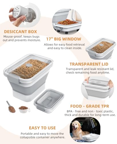 10-13 Lbs Dog Food Storage Container,Collapsible Dog Food Container with Transparent Airtight Lid,Pet Food Scoop and Dog Bowl,Multifunctional Food Storage Container for Pet Food,Rice,Flour - color: Clear/13 lbs