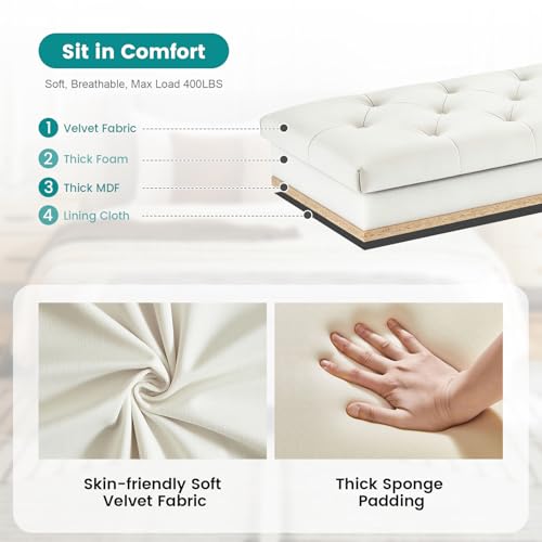 Velvet Storage Ottoman Bench for Bedroom, End of Bed Bench with Button, Side Storage Pockets, Organizer Storage Chest, Upholstered Foot Rest, Load up to 400 lb, for Living Room, Entryway, Beige - color: Beige