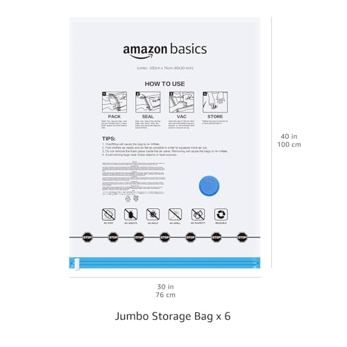 Amazon Basics Vacuum Storage Bags for Clothes, Space Saving Compression Storage Bags with Hand Pump, Heavy Duty, Stackable, Jumbo Size, Clear, 6-Pack - size: Jumbo