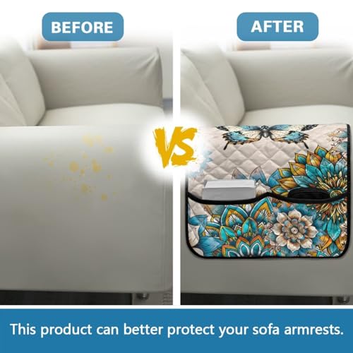 Boho Mandala Butterfly Print Sofa Armrest Organizer Scratch Proof Couch Arm Covers wirh Side Storage Pocket for Living Room Machine Washable Couch Chair Armrest Storage - color: Boho Mandala Butterfly