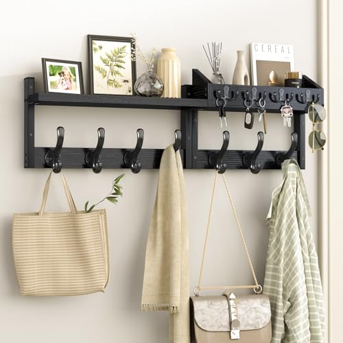 Evermagin 29" Coat Rack Wall Mount with Shelf, 4 in 1 Coat and Key Hanger with 11 Metal Hooks, Entryway Wall Mounted Shelf with Mail Holder for Living Room, Bedroom, Black - color: Black, size: 29 inch