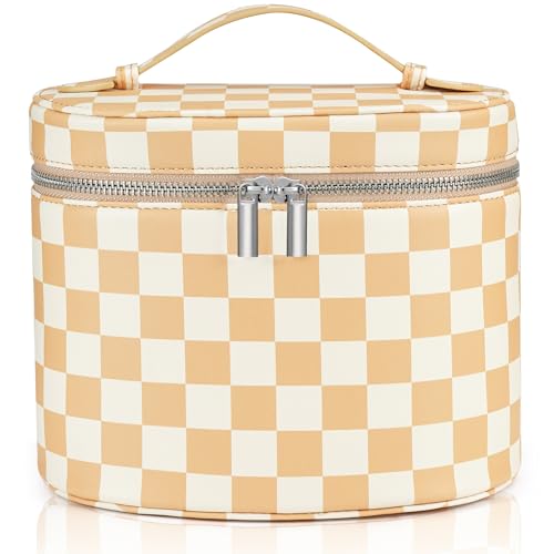 Makeup Bag Vanity Case Cosmetic Bag with Removable Divider Travel Toiletry Bag for Women Portable Make up Box Organizer, Beige and White - color: Beige and White