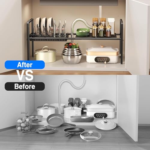 Mustorn Pots and Pans Organizer Under Cabinet, Expandable 1 Tier Under Sink Organizers and Storage Adjustable Height Kitchen Pot and Pan Lid Holder Rack with 6 Dividers Under Cabinet Shelf(Black) - size: 2panels &1 pot rack-1 Tier