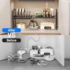 Mustorn Pots and Pans Organizer Under Cabinet, Expandable 1 Tier Under Sink Organizers and Storage Adjustable Height Kitchen Pot and Pan Lid Holder Rack with 6 Dividers Under Cabinet Shelf(Black) - size: 2panels &1 pot rack-1 Tier