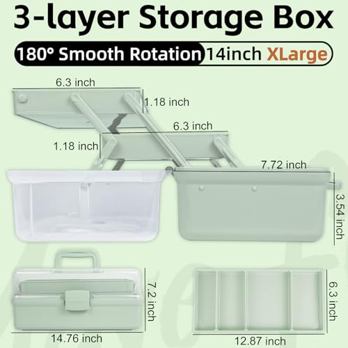 TERGOO 14in 3-Layer Multipurpose Craft Organizers and Storage with Adjustable Dividers, Portable Tackle Box, Folding Art & Craft Case for Medicine, Tool, Sewing Organizer (Haze Green, X-Large) - color: Haze Green, size: X-Large