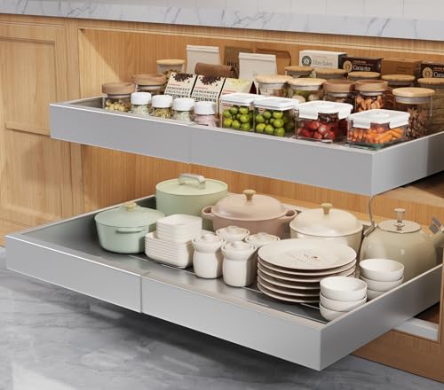 Seinloes 2 Pack Pull Out Cabinet Organizers 21" Deep With Raising Pad for Framed Cabinets, Expandable Width (15.2"-26.3") Slide Out Drawers Upgrade 3 Slide Rails, Roll Out Shelves Adhesive, Silver - color: Silver, size: 15.2"-26.3"Wide x 21"Deep(2 Pack)