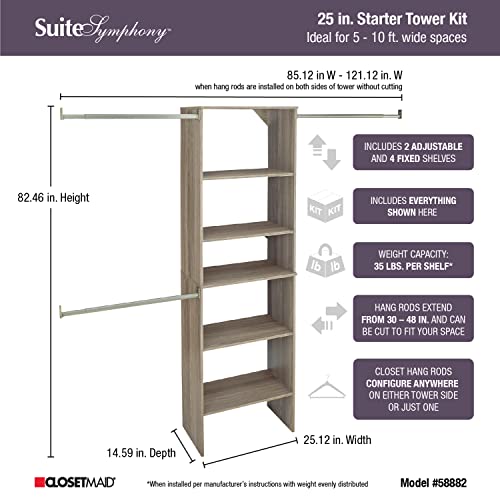 ClosetMaid SuiteSymphony Wood Closet Organizer Starter Kit with Tower and 3 Hang Rods, Shelves, Adjustable, Fits Spaces 5 – 10 ft. Wide, Natural Gray - style: Natural Gray Finish