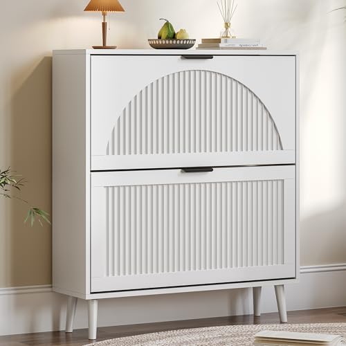 BORNOON Shoe Cabinet for Entryway with 2 Flip Drawers, Slim Wooden Shoe Storage Organizer with Modern Fluted Pannel，Freestanding Narrow Hidden Shoe Rack for Hallway, Foyer, Living Room - color: White, size: 2 Flip Drawers