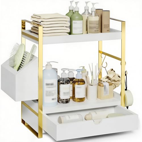 2-Tier Bathroom Counter Organizer with Drawer and Basket, Wood Countertop Organizer for Storage, Skincare Organizers for Vanity, Counter Shelf for Bathroom Organization(White-gold) - color: White-gold