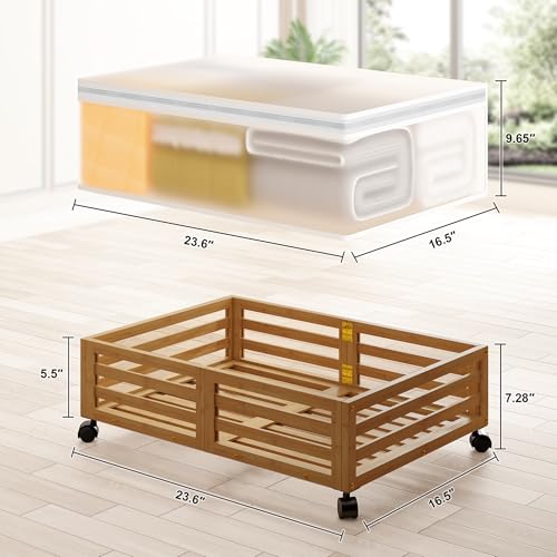 Under Bed Storage Containers With Wheels - 2 Pcs Bamboo Wood Rolling Underbed Shoe Storage Bins With Dust Bags for Clothes Blankets, Duvet Covers Snacks Toys (Walnut) - color: Brown, size: M
