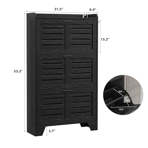 IDEALHOSUE Shoe Cabinet Storage for Entryway, Slim Shoe Storage Cabinet with 3 Flip Drawers, Freestanding Hidden Narrow Shoe Organizer Cabinet with Hooks for Entrance, Foyer, Hallay, Black - color: Black, size: 3-Drawers