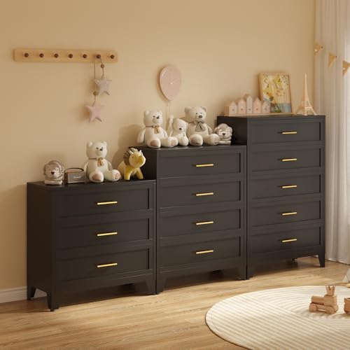 34.25" Tall Metal Dresser for Bedroom, 3 Drawer Black File Cabinet with Gold Handles, Dressers Chests with Fluted Panel, Vertical Drawer Storage Cabinet for Living Room, Entryway, Hallway - color: Black, style: Wide Style/3 Drawers
