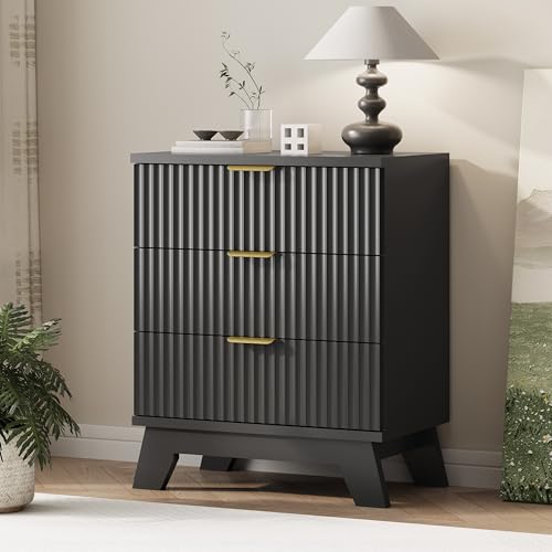 Fluted Dresser for Bedroom with 3 Drawers, 24" Wide Modern Chest of Drawers with Metal Handle, Wooden Dresser TV Stand, Wood Closet Clothes Storage Drawer Organizer for Living Room, Hallway, Black - color: Black, size: 13.8"D x 23.6"W x 30.5"H (3 Drawers)