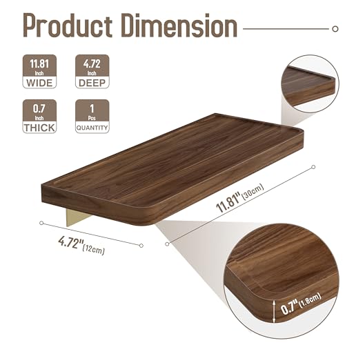 Danpoo 12 inch Floating Walnut wall Shelf, Small Wood Shelf for wall, Waterproof Wooden Shelf for Bathroom - color: Gold, size: 12 inch