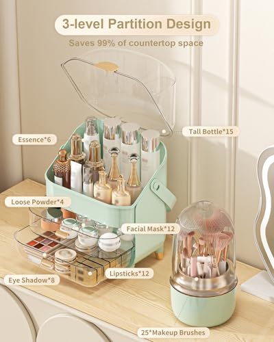 Makeup Organizer Countertop, Skincare Holder Bathroom Counter Organizer, Storage Box Cosmetic Display Cases, Teen Girl Gifts Make up Organizers (Green/Brush) - color: Green/Brush