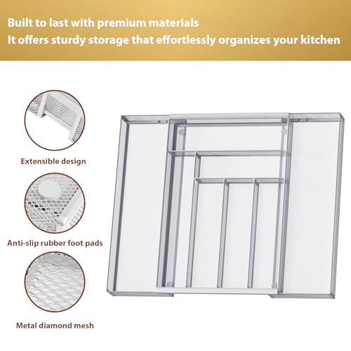Sedegn Silverware Organizer Metal Mesh, Large Drawer Organizer, Utensil Cutlery Tray for kitchen drawers, Expandable Flatware Organizer with 8 Compartment Silver 11.6"~20" x 17.3" - color: Silver, size: Expandable 11.6"~20" x 17.3"