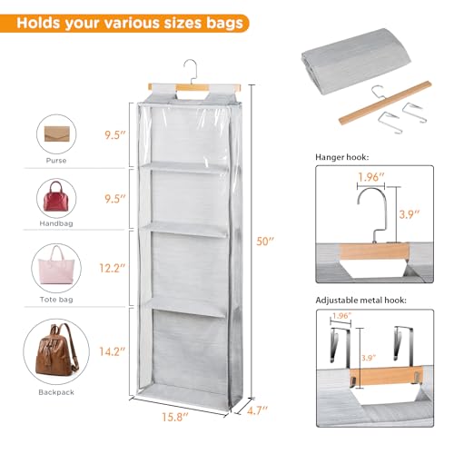 Syeeiex Hanging Handbag Purse Organizer with Zippers, Clear Slubbed Fabric+PVC Hanging Closet Bag Organizer, 4 Mesh Shelves,Dustproof Handbag Closet Tote Storage Bag for Door, Wardrobe, Shelf Rack - color: Grey-4 Shelves