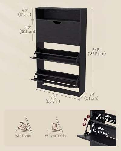 VASAGLE Custos Collection - Shoe Cabinet, Shoe Organizer, Open Compartment, Adjustable and Removable Dividers, 3 Flip Drawers, 9.4 x 31.5 x 54.5 Inches, for 21-24 Pairs, Ebony Black ULBC043BC01 - color: Ebony Black, size: 9.4"D x 31.5"W x 54.5"H, style: s