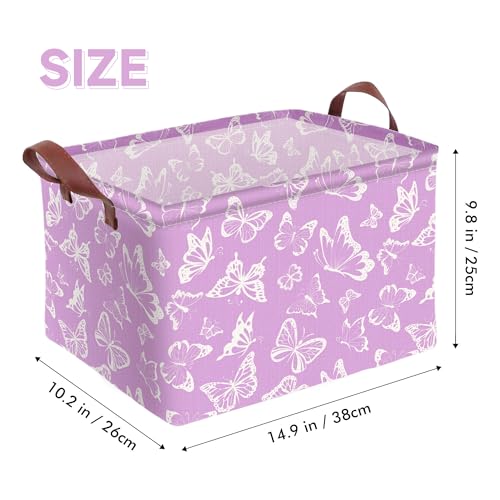 Purple Butterfly Storage Basket Waterproof Canvas Toy Storage Bin Decorative Collapsible Outdoor Basket with Leather Handles Purple Gifts Basket For Closets,Bedrooms,Home,Bathroom - color: Purple Butterfly