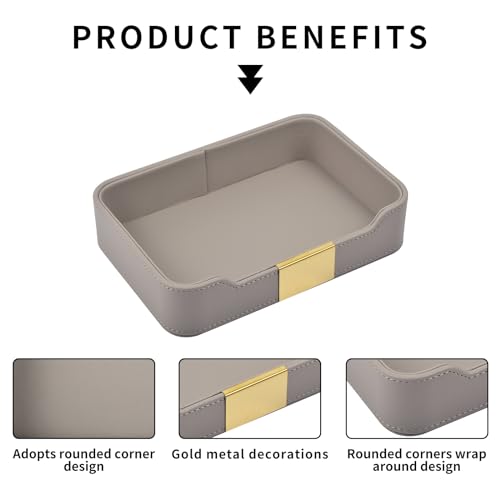 Luxury Leather Valet Tray Desktop Storage Organizer,Bedside Vanity Catchall Tray Nightstand Caddy Holder for Cosmetic,Jewelry,Watch,Keys,Phone,Wallet,Remote Controller,Pen,Gray - color: Gray