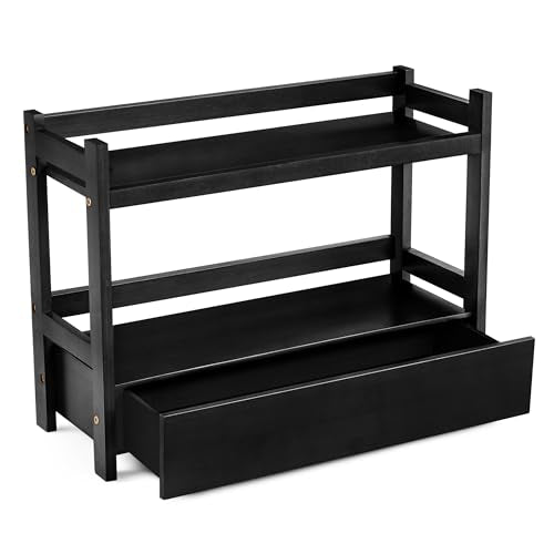 Sorbus Bamboo Bathroom Counter Organizer – 2-Tier Shelf with Hidden Drawer for Vanity, Matcha Station, Bathroom Sink Organizer Countertop, Kitchen & Office Storage (17″ L x 6.5″ W x 12.6″ H) (Black) - color: Black, size: 17" x 6.5" x 12.6"