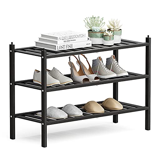 Dranixly Shoe Rack, 3-Tier Bamboo Stackable Shelf Storage Organizer, Stand for Closet, Entryway, Hallway, Bathroom and Living Room（Black） - color: Black, size: 3 Tier