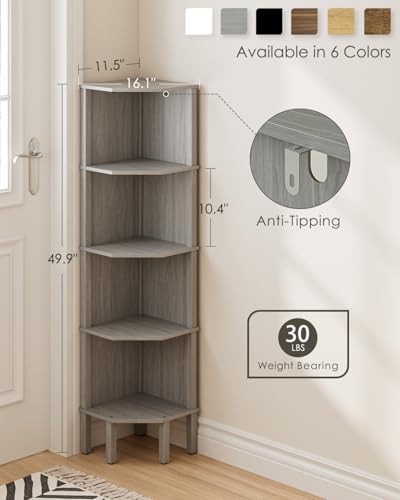 Corner Shelf, 5 Tier Corner Bookshelf, Display Corner Shelf Stand with Storage Rack, Wall Corner Bookshelf for Living Room, Bedroom, Office, Grey - color: Grey Without Light