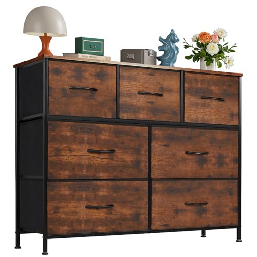 OLIXIS 7 Drawer Dresser for Bedroom, Wide Fabric Storage Tower with Wooden Top and Metal Frame, Closet Chest Organizer Furniture, TV Stand for Living Room Hallway, Rust Brown - color: Rust Brown, size: 11.8"D x 39.4"W x 30"H (7 Drawers)