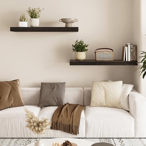 Fixwal Black Floating Shelves for Wall, 22" Long Wall Mounted Rustic Wood Shelves for Living Room, Bedroom, Bathroom and Kitchen, Wall Shelves for Storage, Books, Room Decor Set of 2 - color: Black, size: 22in