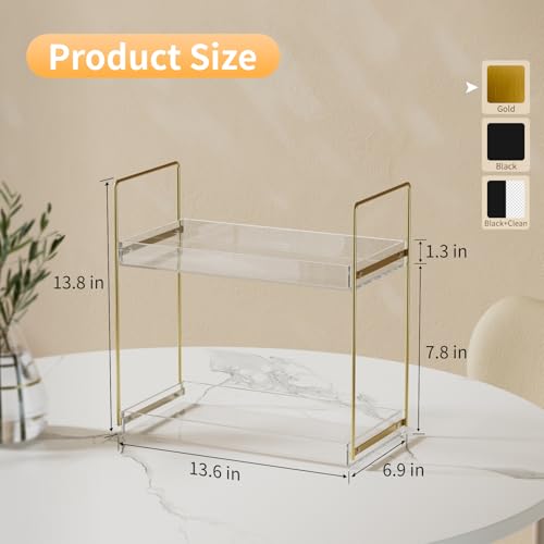 Bathroom Countertop Organizer, 2 Tier Acrylic Tray Vanity Counter Skincare Organizer Shelf, Kitchen Under Sink Standing Rack, Home Storage Holder for Lotion Makeup Cosmetics Perfume Spice, Gold - color: Gold, size: 2 Tier