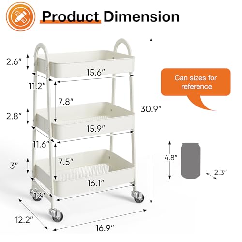 NEWBULIG 3-Tier Rolling Utility Cart with Locking Wheels, Slim Metal Mobile Storage Organizer Shelf for Small Spaces, Bathroom, Living Room, White - color: White, size: 3-Tiers