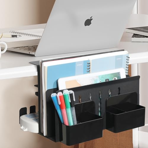 MAXECHO Desk Side Storage, Under Desk Laptop Mount, Table Side Hanging File Organizer, No Drill Clamp On Cable Management Tray, Laptop Holder with Magnetic Pen Holder for Office and Home, Load 22 Lbs - color: Black, size: Double-deck with Pen Holder & Cab