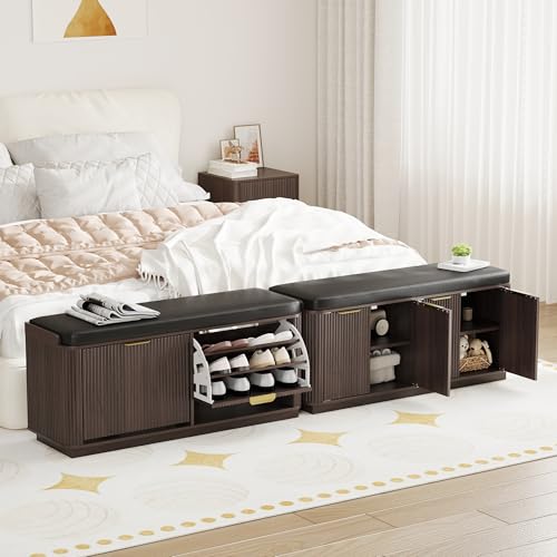 Fluted 3-Tier Entryway Shoe Bench with Drawers and Adjustable Shelves, 43.3'' Wide Shoe Storage Bench with Cushion Seat for Entrance, Hallway, Living Room, End of Bed - Espresso - size: Drawer-espresso