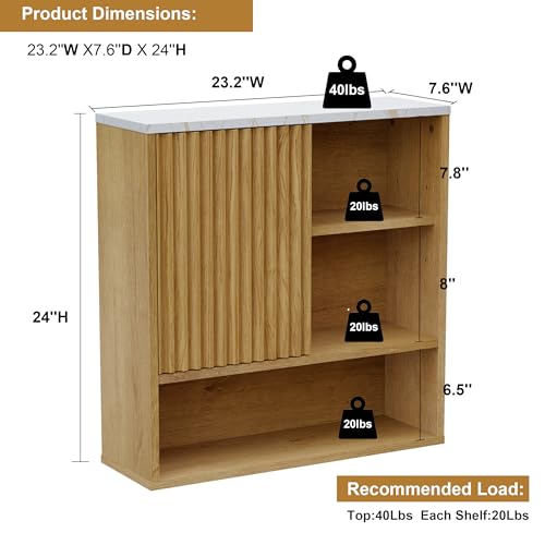 Bathroom Cabinet Wall Mounted Fluted, Modern Medicine Cabinet Over The Toilet Storage Cabinet Faux Marble Top with Adjustable Shelf, Wood Wall Mounted Storage Cabinet Organizer(Oak, Medium) - color: Oak, size: Medium