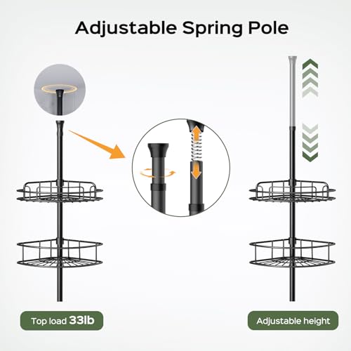 HAMITOR Corner Shower Caddy Tension Pole: 4-Tier Rust-Resistant Adjustable Bathroom Organizer Shelves - 47-121 Inch No-Drill Quick Installation - Space-Saving Storage for Renters Families - Black - color: black
