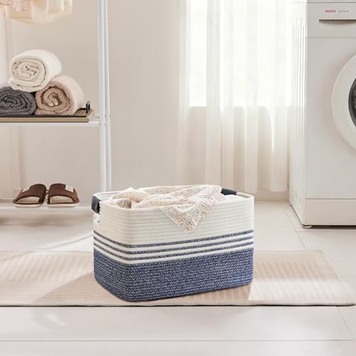 45L Small Laundry Basket with Leather Handles for Living Room Storage, Woven Rope Baskets Bin for Blanket, Kids Toy, Gifts, Wicker Hamper for Bedroom Dirty Clothes, 18"x14"x11" Denim Blue - color: Denim Blue, size: 45L