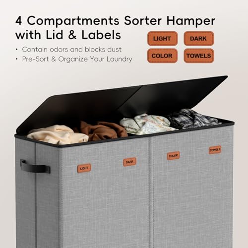 Laundry Hamper 4-Section with Lid, 185L Laundry Sorter with 4 Removable Bags + 1 Extra Large Bag, Switchable 3/4 Compartment, Laundry Basket Organizer for Bedroom, Laundry Room，Grey - color: Grey, size: 185L - 4 Section