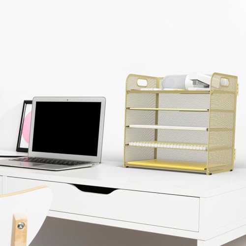 Sinboun Letter Tray Paper Organizer 5-Tier Desk Organizer File Organizer Paper Holder with Handle, Metal Desktop Document Shelf Tray Office Classroom Organization - Gold - color: Gold