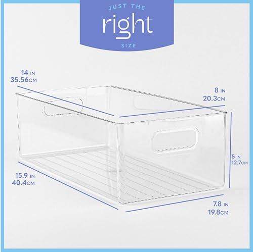 Plastic Food Storage 2 Pack Clear Container Bin with Handles for Organizing Kitchen, Pantry, Refrigerator, Freezer, Pantry, Cabinet, Closet, Bathroom. 14”x8”x5” - size: 14x8x5