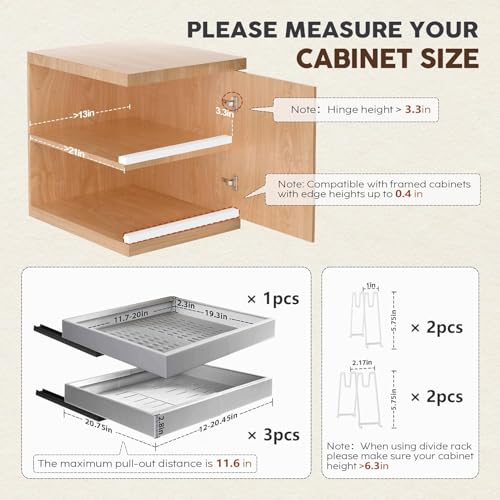 Seinloes 4 Pack Pull Out Cabinet Organizers 21" Deep With Raising Pad for Framed Cabinets, Expandable Slide Out Drawers with 4pcs Divider Racks, Roll Out Shelves, Adjustable Width 12"-20.45" Silver - color: Silver, size: 12"-20.45"Wide x 21"Deep(4 Pack)