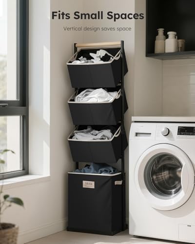 SOLEDI 4 Section Laundry Hamper Sorter, Stackable Laundry Basket Organizer with Removable Basket, 125L 4-Tier Vertical Laundry Sorter for Small Space, Laundry Room, Dorm, Bathroom, Wardrobe Black - color: Black