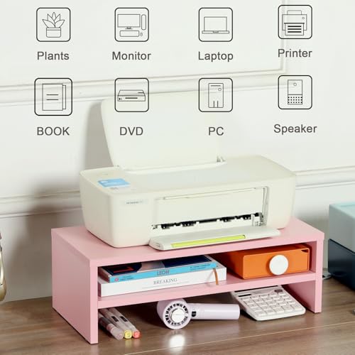 TEAMIX 2 Tiers Pink Monitor Stand Riser, Desktop Stand with Keyboard Storage Small TV Stand Laptop Wooden Desk Organizer Cute Shelf (Pink, 2 Tiers) - color: Pink