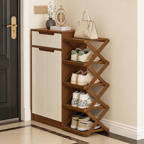 YYW Shoe Rack, Foldable Bamboo Shoes Shelf, Freestanding Shoe Storage Organiser for Entryway, Bedroom, Closet, Hallway - Functional, Natural Shoe Rack (Brown, 5 Layers) - color: Brown, size: 5 layers