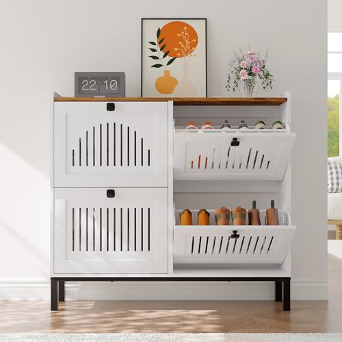 4-Door Flip Front Shoe Cabinet with Adjustable Shelves – Hidden Entryway Storage Organizer for Hallway, Foyer, Living Room – Freestanding Wooden Shoe Rack with Large Capacity & Modern Design, White - color: White & Rustic, size: 9.45"D x 41.34"W x 37.9"H