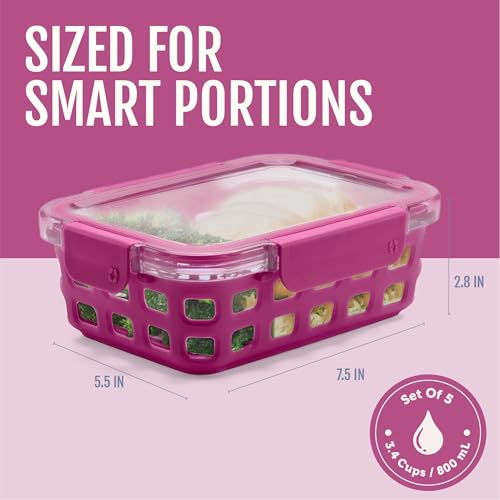 Ello Duraglass 3.4 Cup Meal Prep Sets 10Pc, 5 Pack Set- Glass Food Storage Container with Silicone Sleeve and Airtight BPA-Free Plastic Lids, Dishwasher, Microwave, and Freezer Safe, Evening Orchard - color: Evening Orchard, size: 3.4 Cup